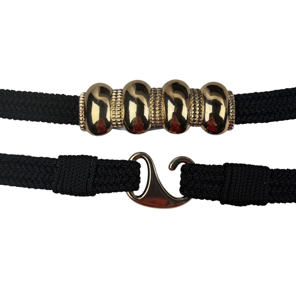 Vintage Style Black‎ Braided Stretch Belt Gold Bead Hardware Cinch Waist 40 Inch